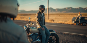 Motorcyclist beside a motorcycle on a New Mexico road