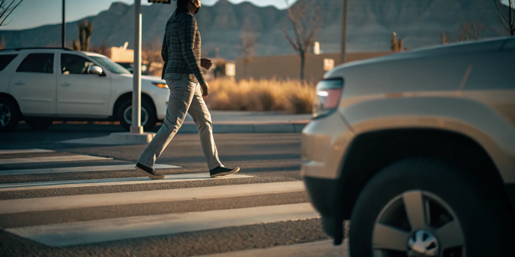 Pedestrian walking across a crosswalk in Albuquerque with Sandia Mountains in the background