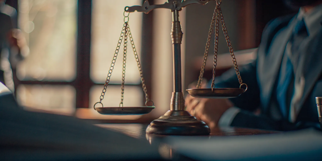 Scales of justice with the New Mexico state flag symbolizing personal injury law and comparative negligence