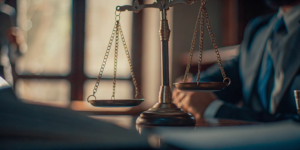Scales of justice with the New Mexico state flag symbolizing personal injury law and comparative negligence