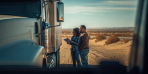 New Mexico highway with a semi truck at sunset, representing commercial trucking on Southwestern roads