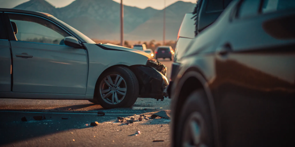 Rideshare vehicle accident scene on a New Mexico highway with city skyline