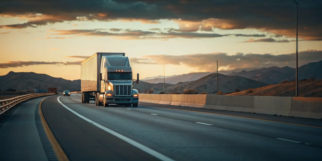 A commercial semi-truck driving on a New Mexico highway at sunset representing highway safety