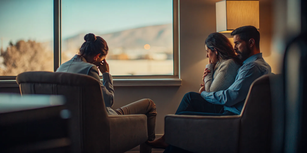 Veteran wrongful death attorney consulting with a family in an Albuquerque law office with warm lighting