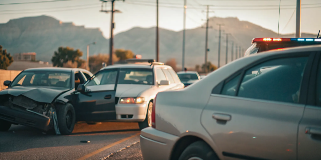 Car accident scene on an Albuquerque road with police response and Sandia Mountains in the background