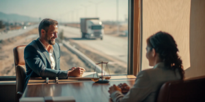 Attorney meeting with a client while a semi truck drives in the distance on a New Mexico highway