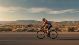 Cyclist riding on a New Mexico road with desert mountains and open sky in the background