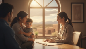Attorney meeting with a parent and child after a New Mexico school bus accident