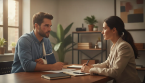 New Mexico car accident victim meeting with an insurance adjuster across a desk