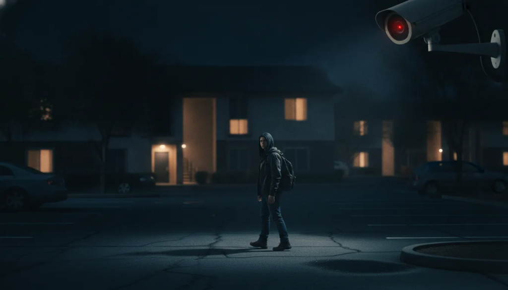 Person walking through a dimly lit apartment parking lot at night with a distant security camera