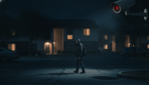 Person walking through a dimly lit apartment parking lot at night with a distant security camera