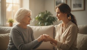 Adult daughter comforting her elderly mother in a bright living room