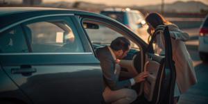 Rideshare car involved in a collision in New Mexico as an attorney speaks with an injured passenger