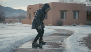 Person cautiously walking on an icy outdoor walkway in winter