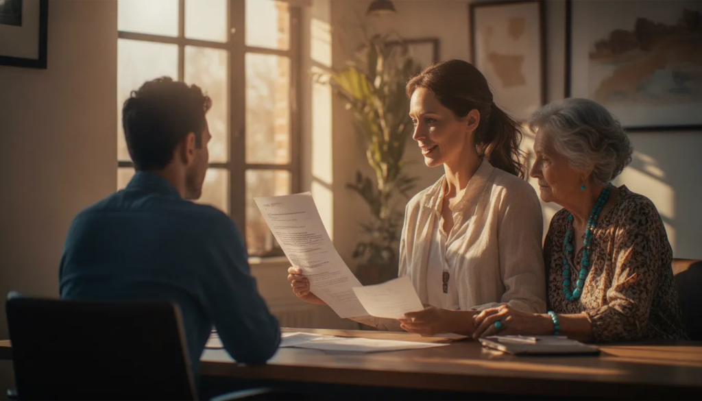Personal injury attorney reviewing insurance paperwork with a New Mexico couple in a warm law office