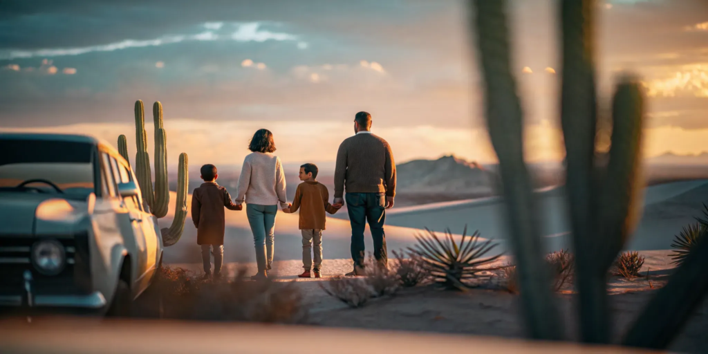 New Mexico desert landscape at sunset with a family seeking legal guidance for a wrongful death claim