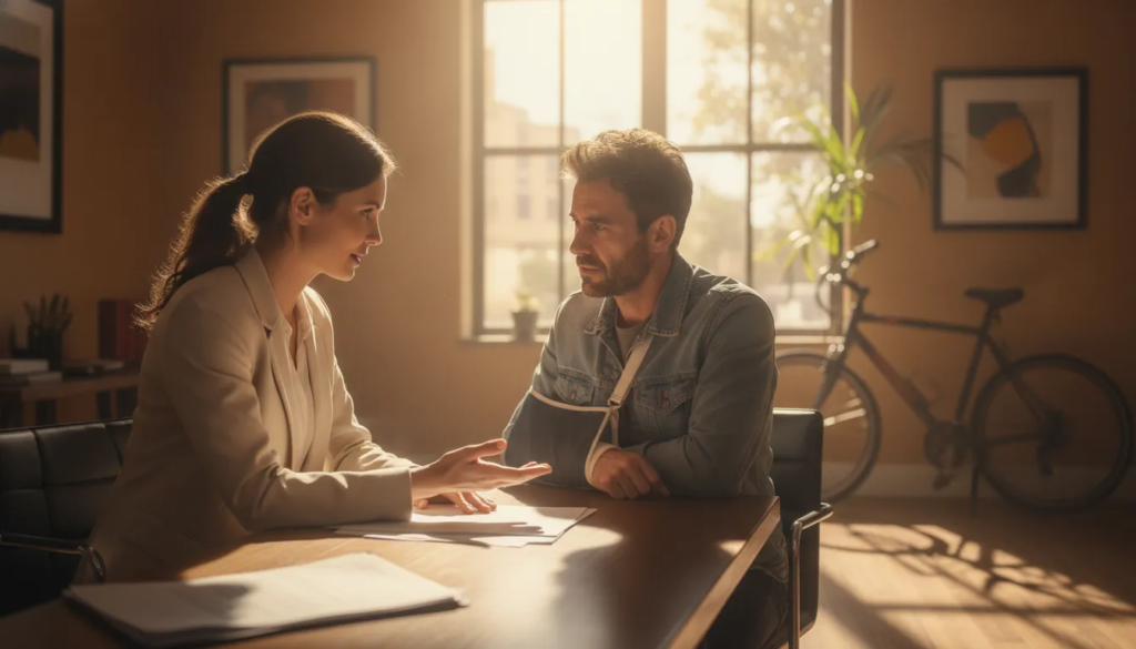 Injured e-bike rider discussing a New Mexico accident with a personal injury attorney