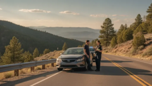 First responder speaking with a driver beside a car on a New Mexico mountain road