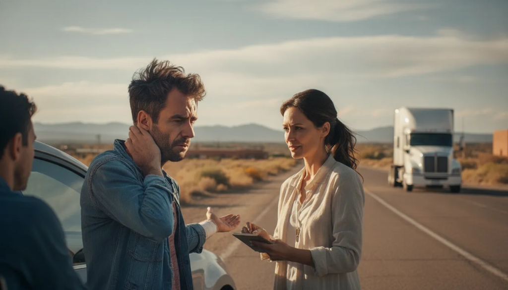 Driver speaking with a New Mexico truck accident attorney near Los Alamos