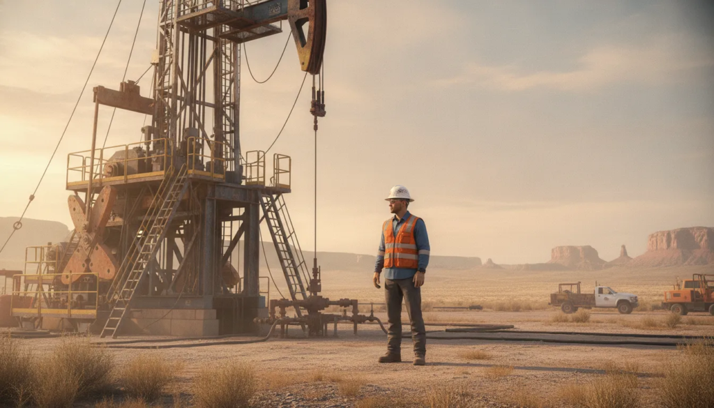 New Mexico oilfield worker beside drilling equipment