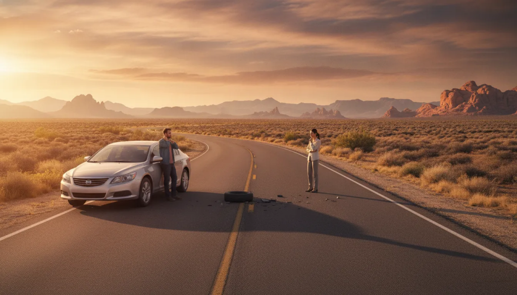 Driver and attorney reviewing a damaged vehicle beside a New Mexico roadway