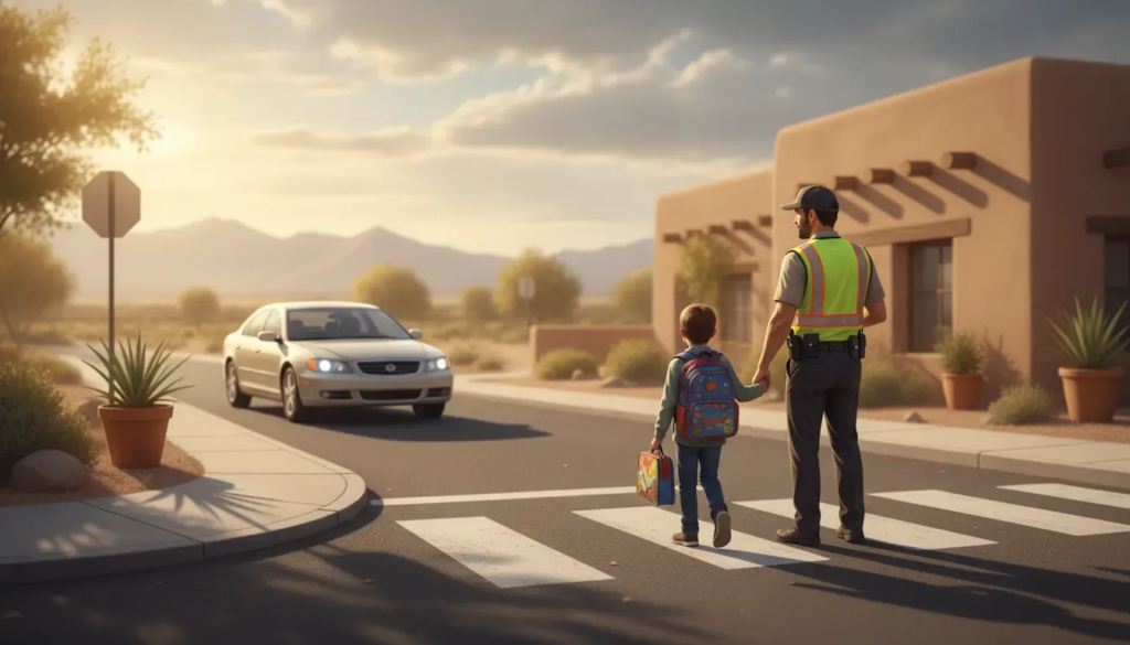 New Mexico school-zone pedestrian accident scene with a crossing guard and child at a marked crosswalk