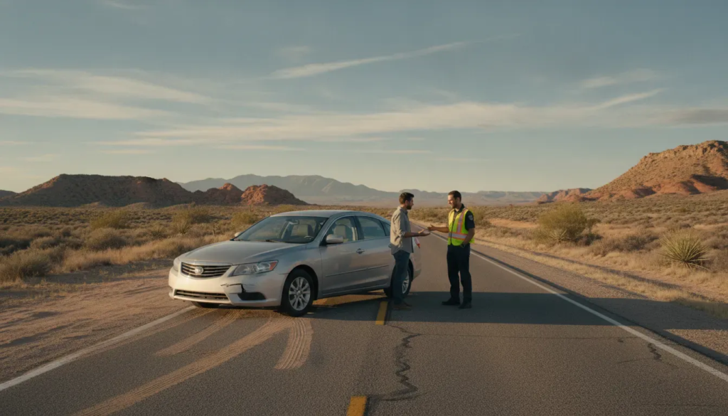 Single vehicle accident scene on a New Mexico desert highway