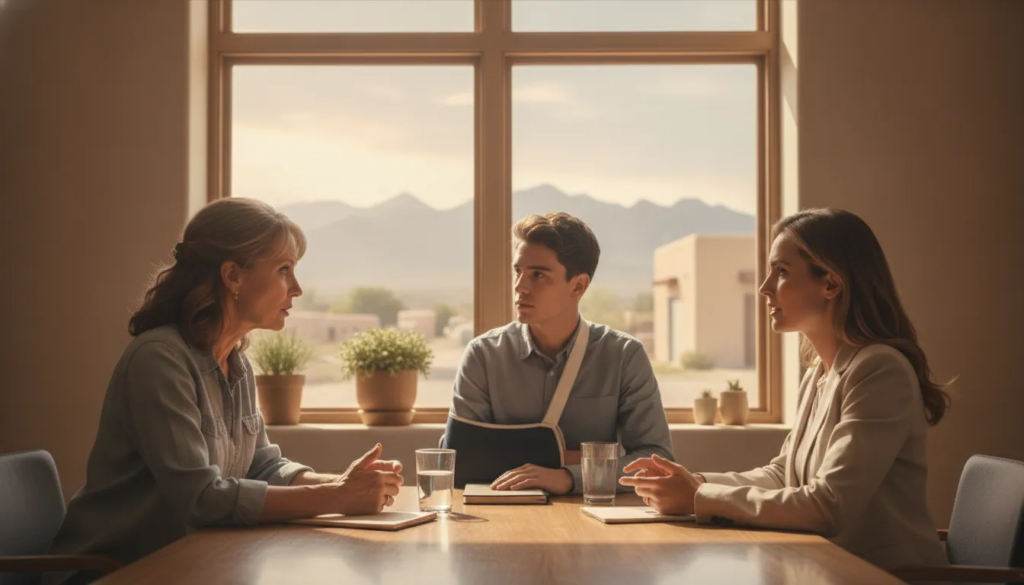 New Mexico parent discussing a teen driver accident with an attorney