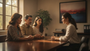 New Mexico family consulting with a wrongful death attorney in a private office