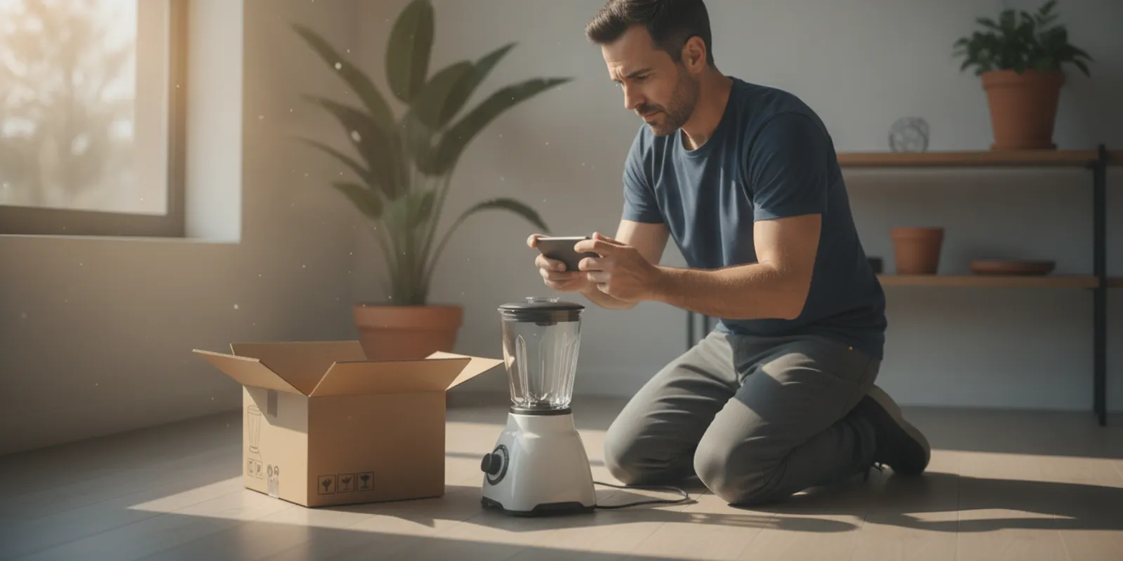 Injured consumer documenting a defective household product on a table in an Albuquerque home