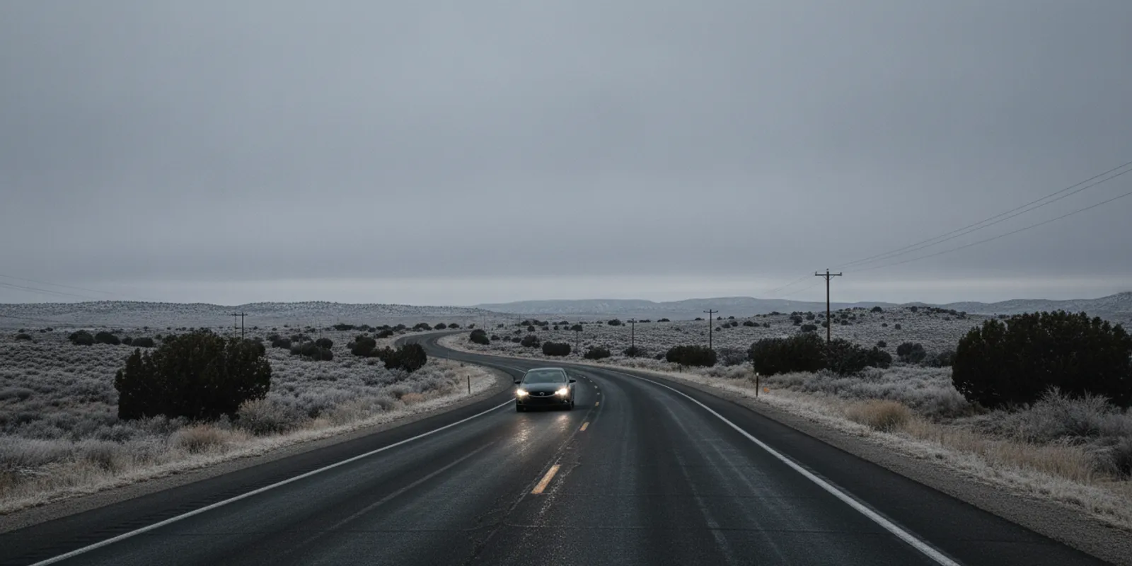 A car traveling carefully on a winter road with a thin layer of ice in New Mexico.