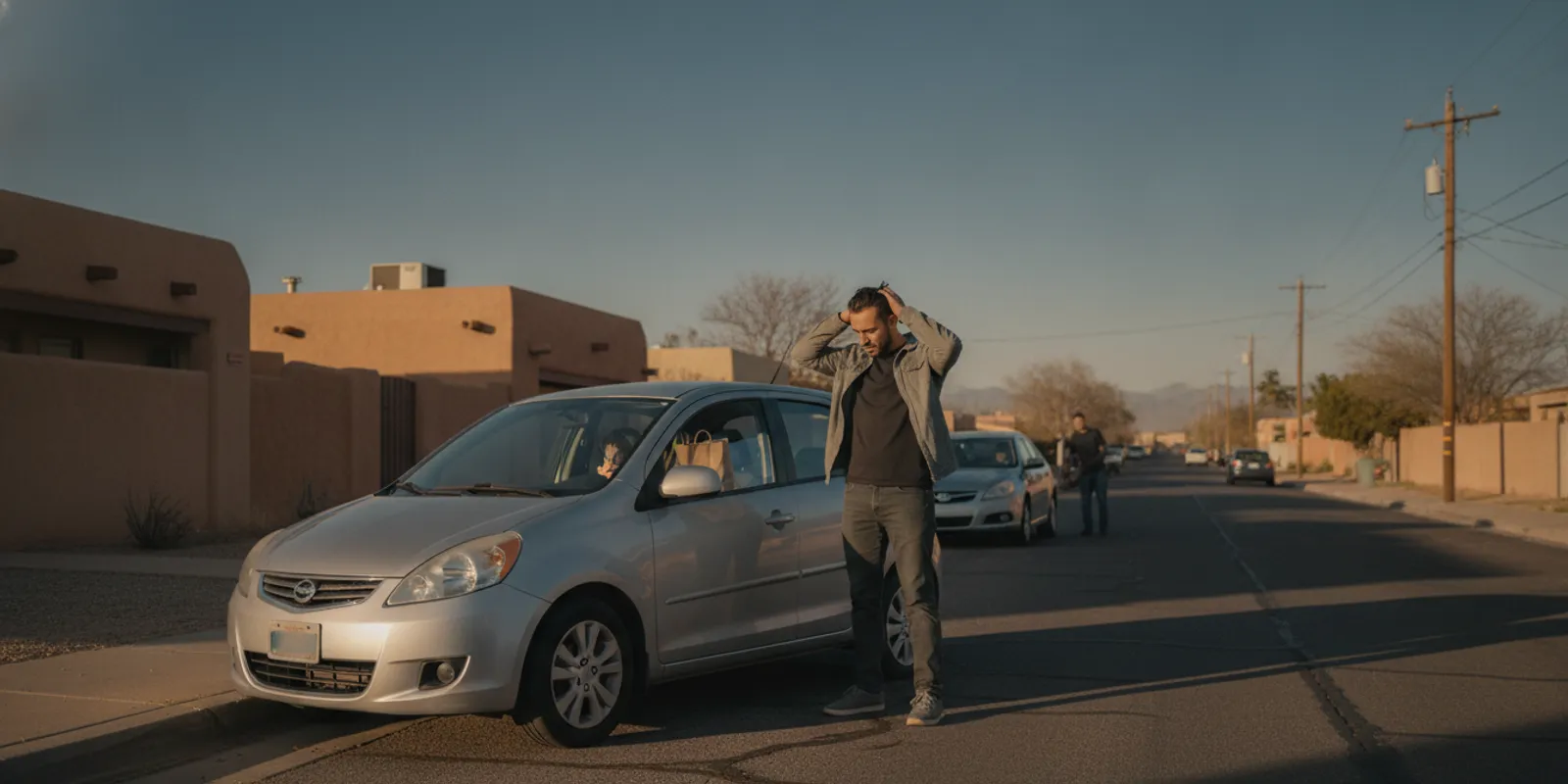 Food delivery driver standing beside a car after a collision on a New Mexico street
