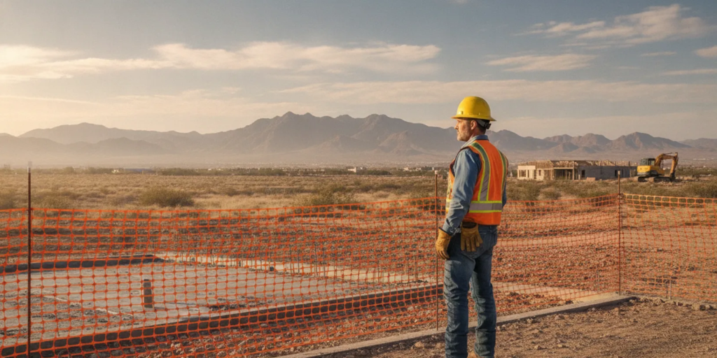 Construction worker in safety gear reviewing a jobsite after an accident in Las Cruces
