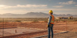 Construction worker in safety gear reviewing a jobsite after an accident in Las Cruces