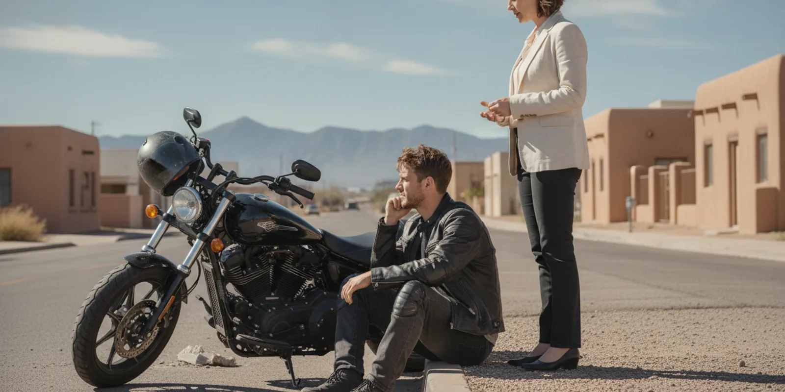 Motorcyclist speaking with an attorney after a crash in Las Cruces, New Mexico
