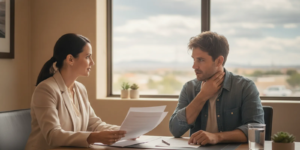 Injured rideshare passenger reviewing accident documents with a lawyer in New Mexico