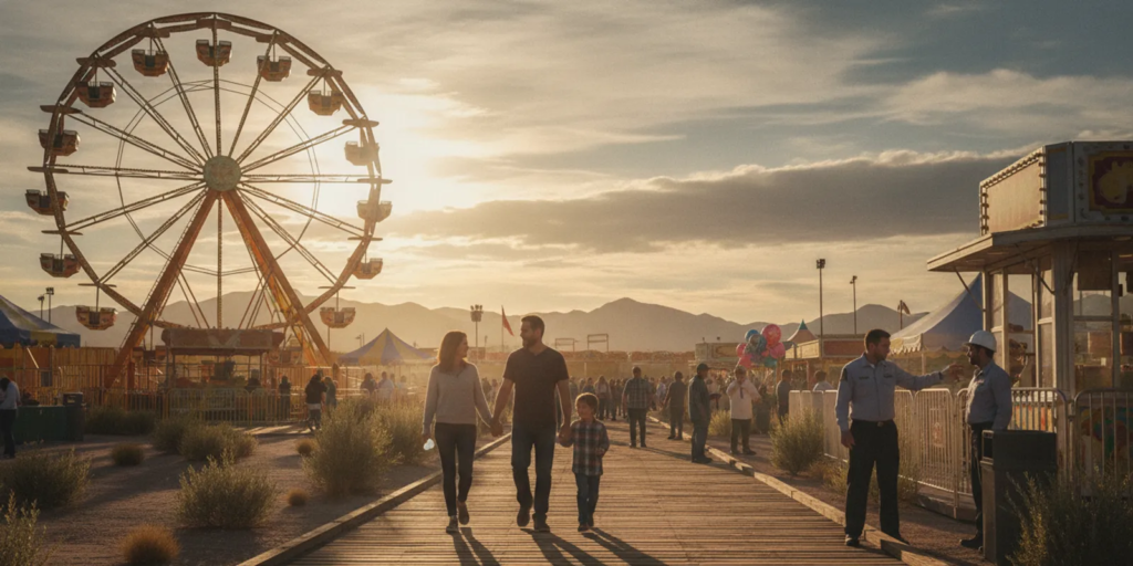 Family walking near an amusement park ride in New Mexico