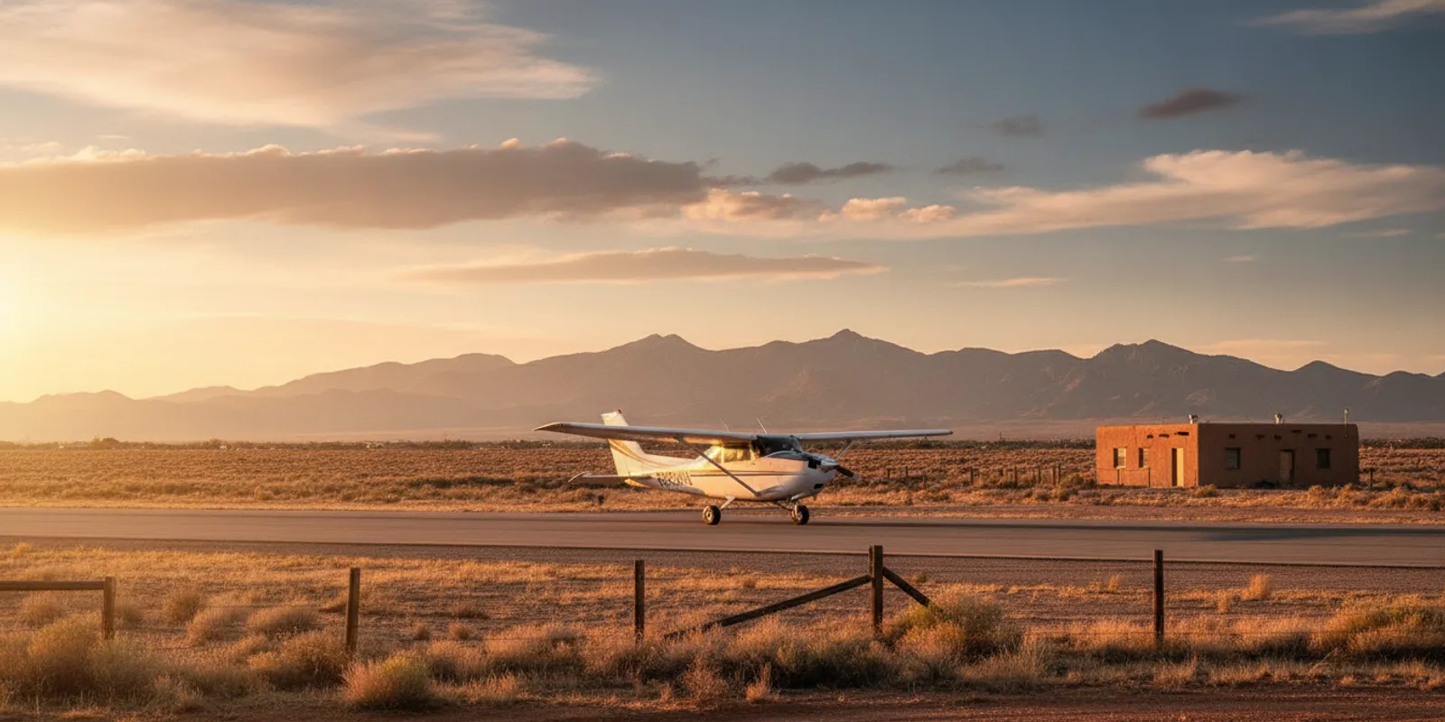 Small aircraft on a New Mexico runway with desert mountains in the distance