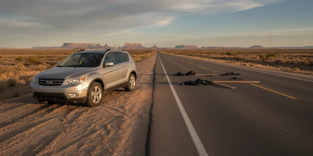 Damaged car pulled safely off a New Mexico highway after debris struck the roadway