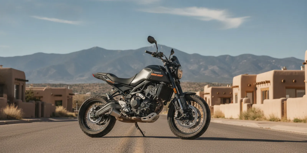 Motorcycle parked near a quiet Santa Fe roadway in daylight